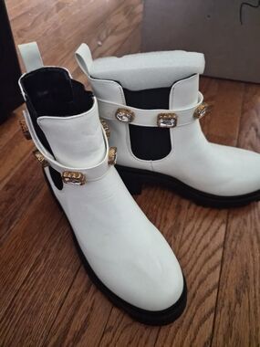 Cape Robbin White Ankle Booties with Gold Gem Embellishments